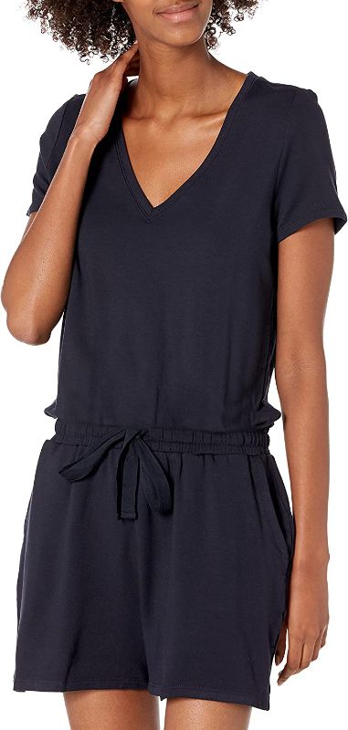 Photo 1 of Daily Ritual Women's Supersoft Terry Short-Sleeve V-Neck Romper (DARK NAVY, LOOKS ALMOST BLACK )