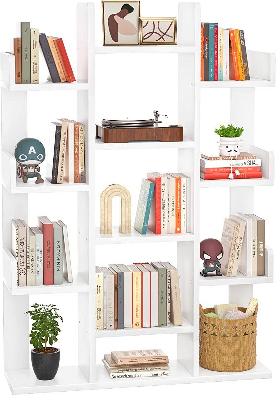 Photo 1 of Aheaplus Bookshelf, Tree-Shaped Bookcase Storage Shelf with 13 compartments, Books Organizer Display Cube Shelves, Industrial Free Floor Standing Wood Open Bookshelves for Home, White
