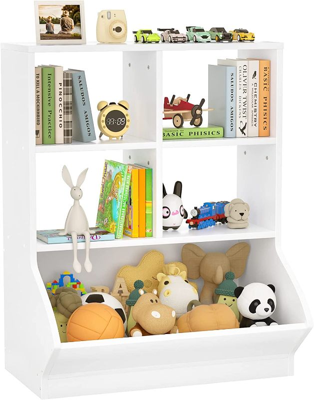 Photo 1 of Aheaplus Toy Storage Organizer with Bookcase, 5 Cubby Bookshelf Toy Storage Cabinet, Open Multi-Bins Toys&Books Storage Display Organizer for Playroom, Bedroom, Nursery, School, White
