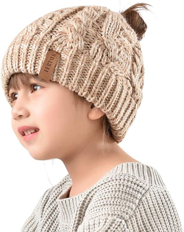 Photo 1 of FURTALK Winter Hats for Girls Ponytail Beanie Hat Kids Toddler Girl Knit Cap Messy Bun, Age 3-10 Years
