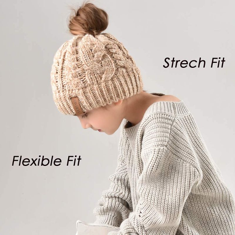 Photo 2 of FURTALK Winter Hats for Girls Ponytail Beanie Hat Kids Toddler Girl Knit Cap Messy Bun, Age 3-10 Years
