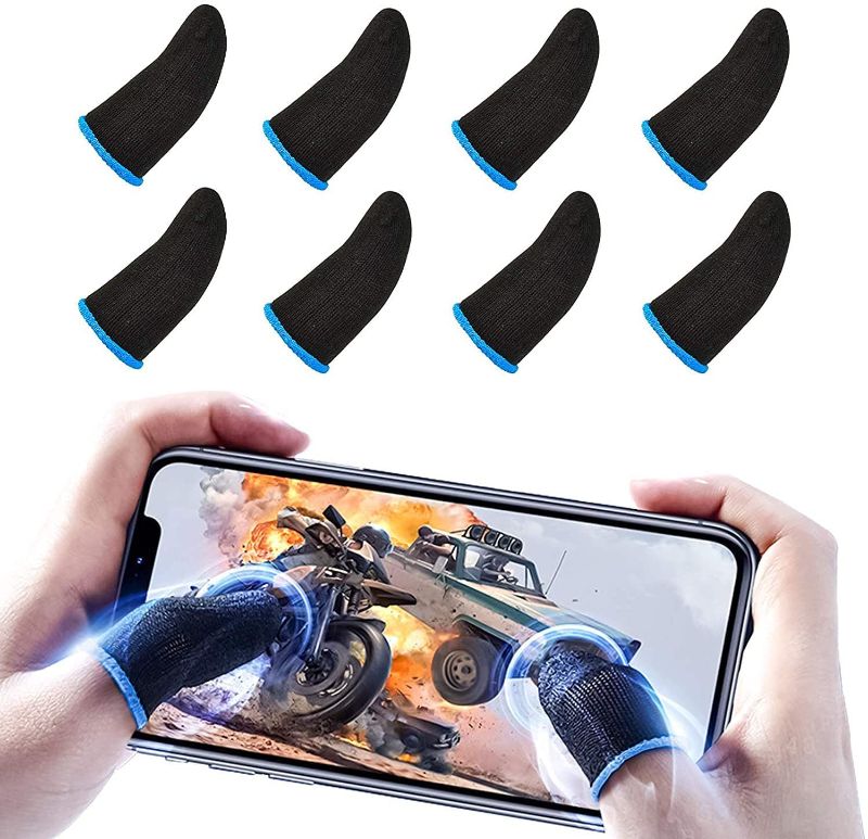 Photo 1 of Mobile Phone Finger Sleeves for Gaming, 8 Packs Highly Sensitive Mobile Gaming Thumb Sleeves Smooth Thin Anti-Sweat Breathable Seamless Touchscreen Finger Sleeves for PUBG/Knives Out/Rules of Surviva
