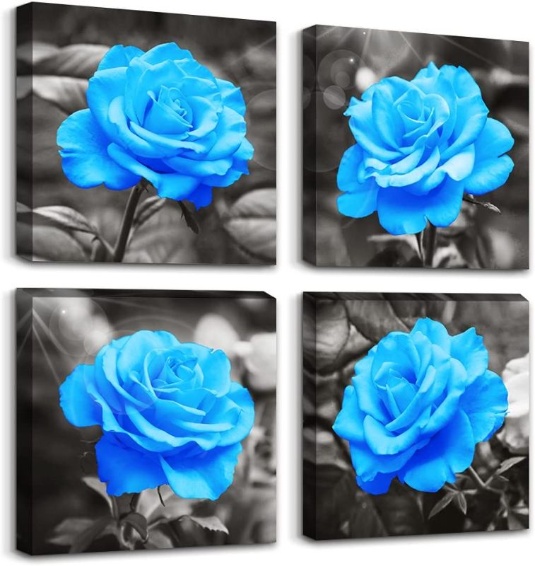 Photo 1 of Canvas Wall Art For Living Room Family Wall Decor For Bedroom Modern Kitchen Wall Decorations Blue Rose Flowers Wall Pictures Artwork Black And White Canvas Art Prints Bathroom Home Decor 4 Pieces
