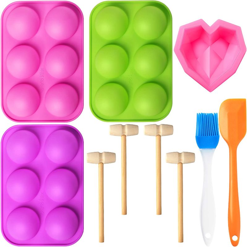 Photo 1 of 3 Pieces 6 Holes Chocolate Molds Semi Sphere Silicone Molds with Diamond Heart Mousse Cake Mold Tray, 4 Pieces Wooden Hammers, Brush and Spatula Baking Tools Set (Green, Purple, Pink)
 3 COUNT 