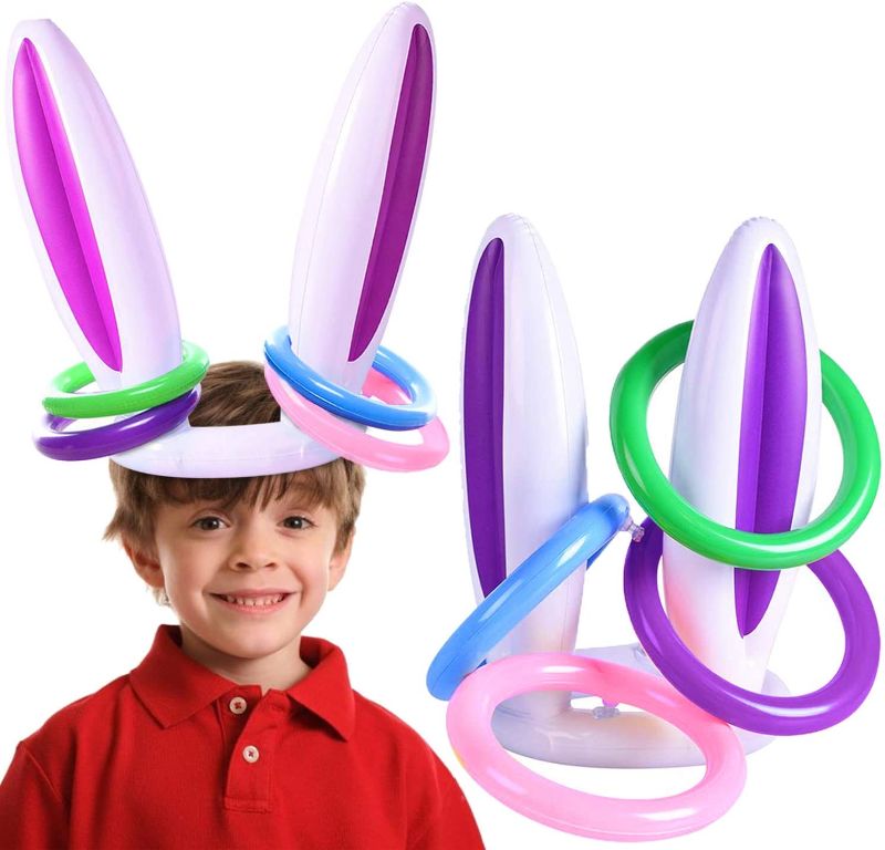Photo 1 of 2 Pack Easter Inflatable Bunny Rabbit Ears Ring Toss Party Games (2 Set & 8 Rings) Indoor Outdoor Rabbit Ears Ring Toss Toys Gift Party Favors for Kids Family Easter Party Supplies Carnival Game
