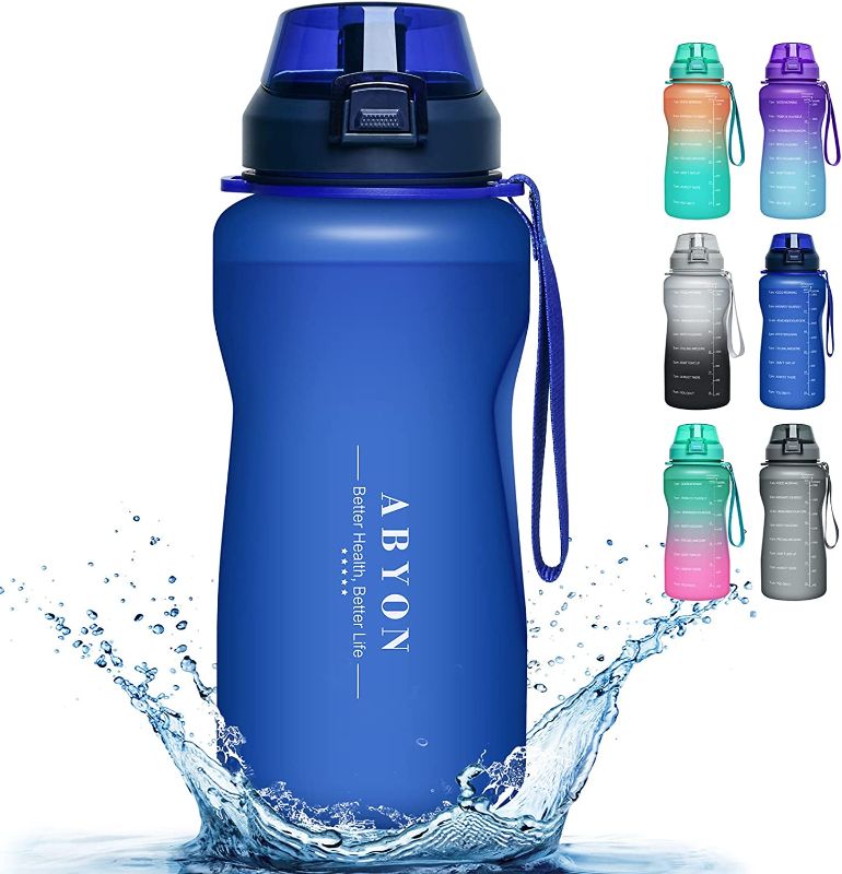 Photo 1 of ABYON Water Bottle with Removable Straw - Half Gallon / 64Oz Container with Hydration Measurements - Leak & Dust-Proof, Thick Bottom - Non-BPA, Tritan Plastic, Paracord Handle
