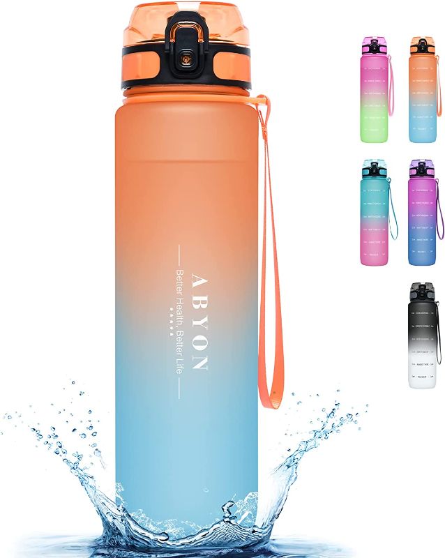 Photo 1 of ABYON 32 oz. Motivational Water Bottle with Straw &Time Markings, Track Intake and Hydration, BPA Free Tritan Plastic, Leak-Resistant Flip Top Drink Spout, Sports and Fitness
