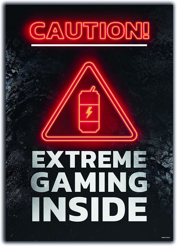 Photo 1 of GREAT ART® Gaming Poster Black and Red – Caution – Store Icon Youth Room Player Neon Mural Interior Wall Decoration Art Extreme Gaming Inside size 16.5 x 23.4 inches
