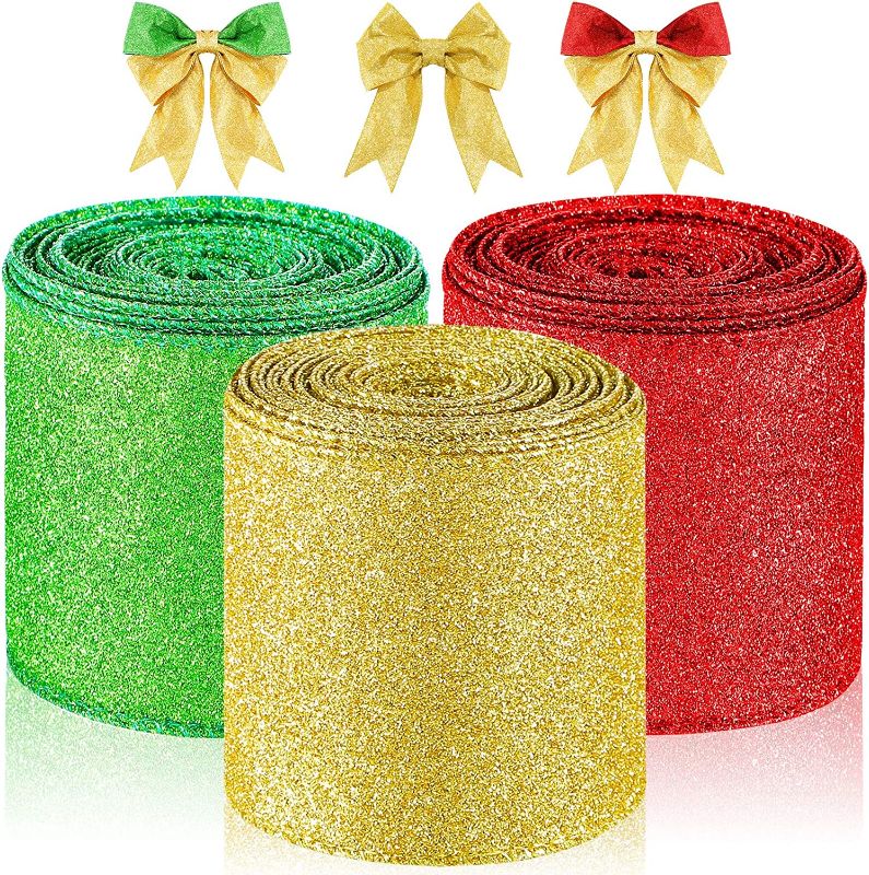 Photo 1 of 3 Rolls 30Yards Christmas Glitter Ribbon Glitter Wired Ribbon 2.5 Inches Double Glitter Ribbon Wreath Frame Ribbon Sparkly Ribbons Rolls for Home Decor Holiday Present Wrapping (Red, Gold and Green)
