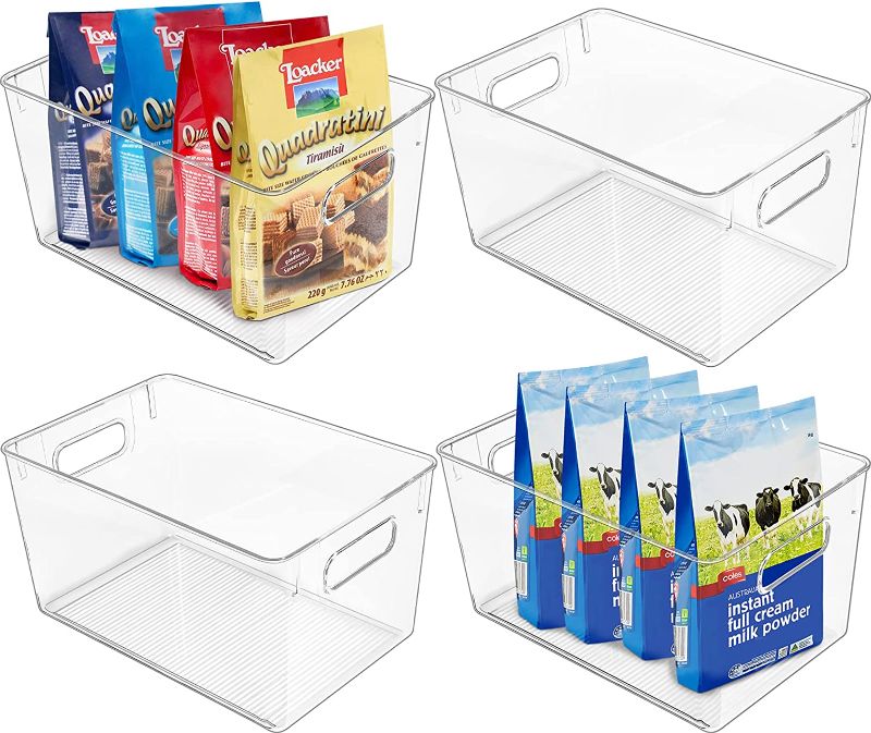 Photo 1 of 4 Pack Large Clear Plastic Storage Bins, Terlulu Refrigerator Organizer Bins with Handle for Freezer, Bathroom, Countertop, Office, Kitchen Pantry Organization & Storage, BPA Free, 11.2x 7.5 x 6.1inch
