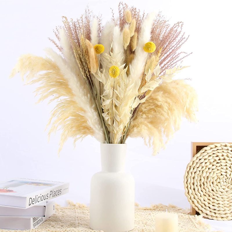 Photo 1 of 61Pcs Natural Dried Pampas Grass, 17" Tall Fluffy Pompous Grass Dried Flowers Bouquet Decor with Reed Grass/Wheats/Lagurus Ovatus/ for Boho Farmhouse Rustic Vase
