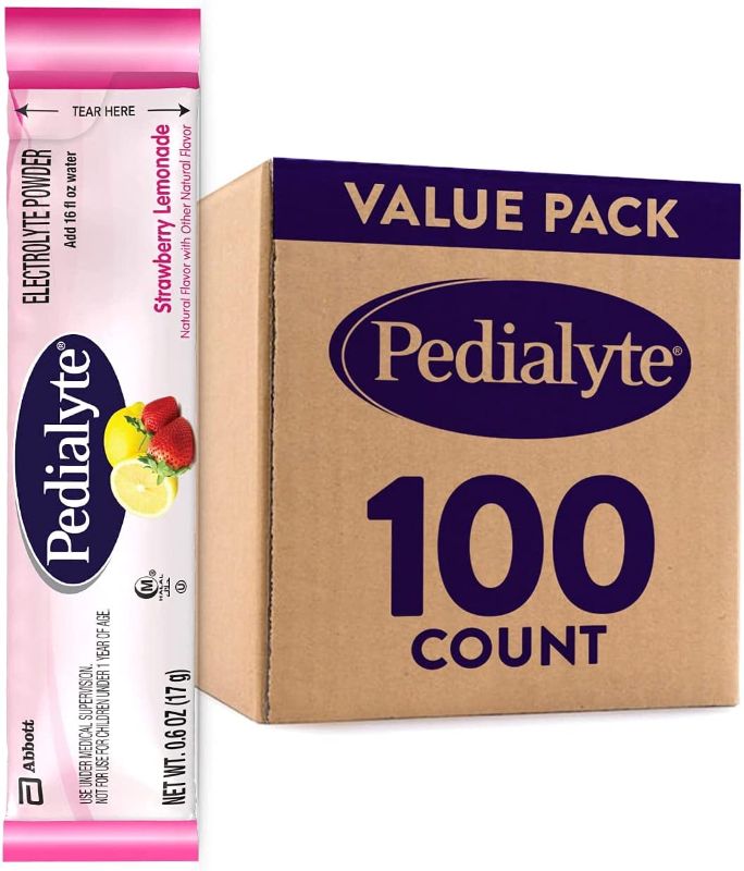 Photo 1 of Pedialyte Electrolyte Powder, Strawberry Lemonade, Electrolyte Hydration Drink, 0.6 oz Powder Packs, 100 Count, EXP 06/1/22, 
 ITEM IS MISSING PCS, THERE IS ONLY 62PCS 