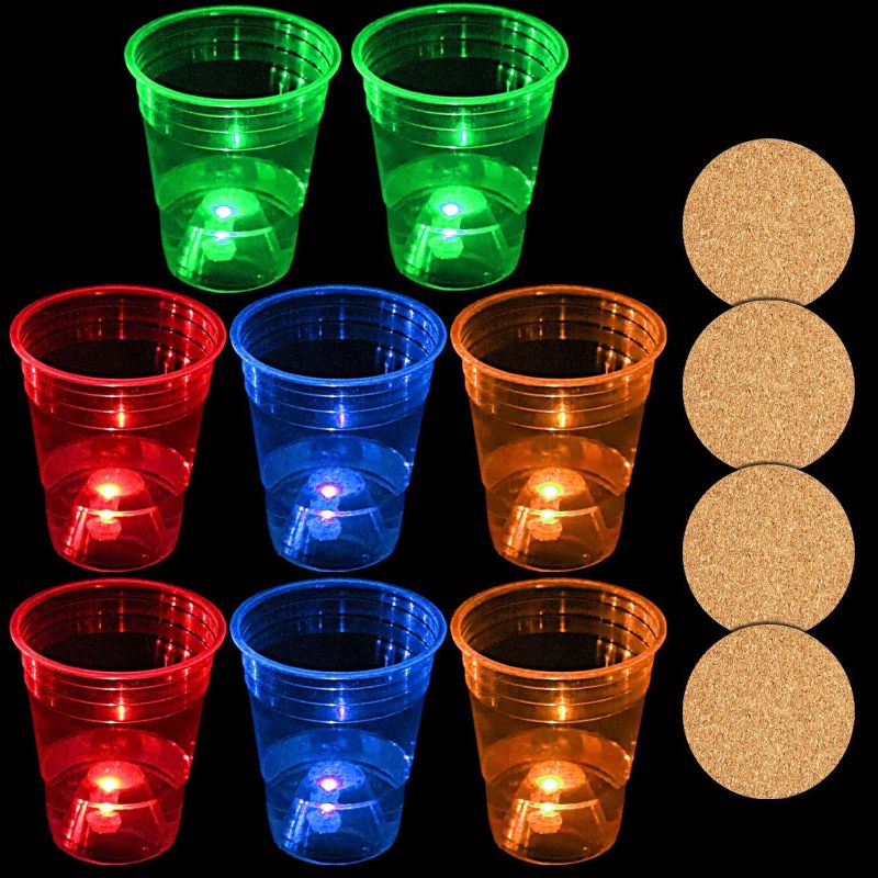 Photo 1 of 8 Pcs Party Supplies Glow Cups,Birthday Party Cups,Light Up Cups with 4 Coasters for Nighttime Party Game,House Parties,Birthdays Concerts,BBQ,Beach Holidays,16oz Party Cups(Red, Blue, Yellow, Green)
