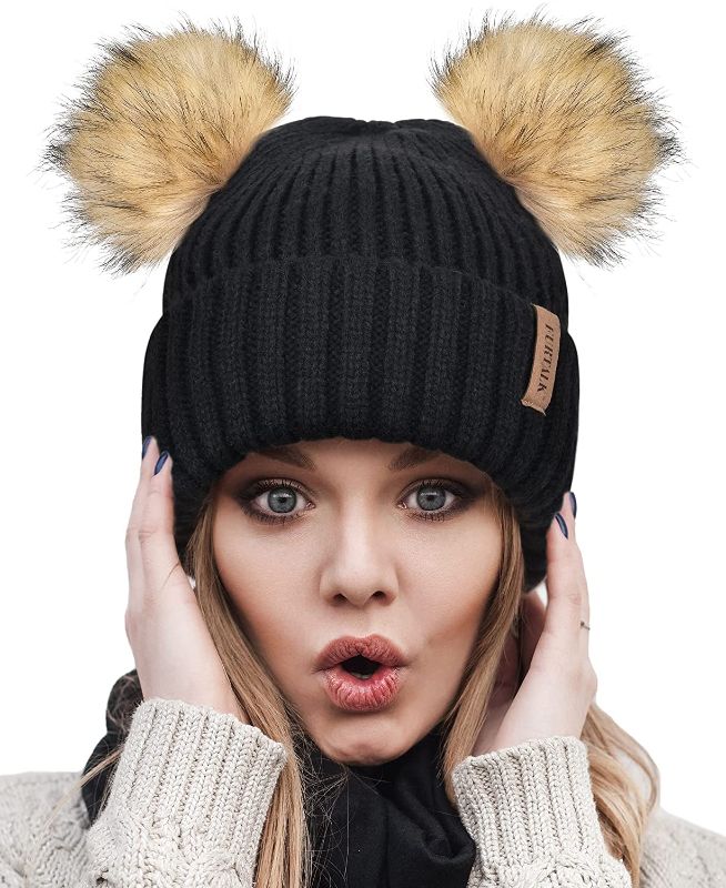 Photo 1 of FURTALK Cute Winter Beanie Hats for Women Girls Warm Knit Hats with Double Faux Fur Pom Poms
