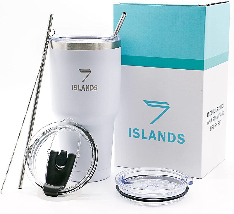 Photo 1 of 7ISLANDS 30oz Double Walled Stainless Steel Vacuum Insulated Tumbler-Travel Mug w/Two Lids and Straw Set. Coffee Tumblers Can Drink Any Beverage.
