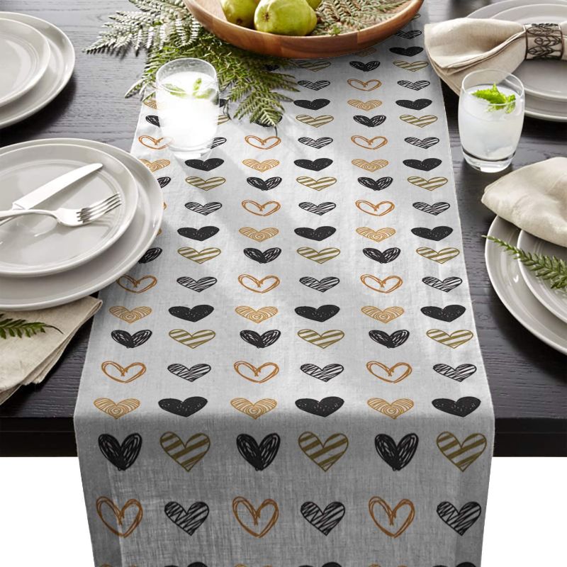 Photo 1 of ALAGO Valentine Table Runner Love Heart Shapes Hand Draw Table Linens Cotton Non-Slip Runners for Home Kitchen Party Wedding Decorations 14" x 72", Valentine's Day Love Heart Table Runner
