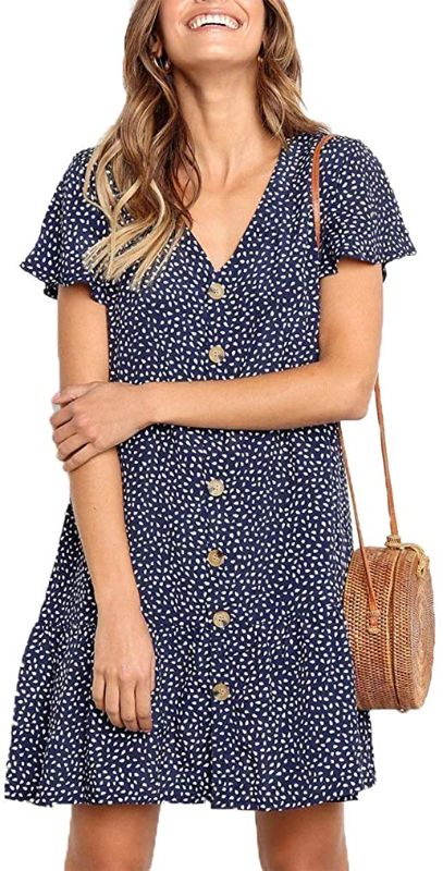 Photo 1 of Locryz Women's Summer Casual Short Sleeve Button Down Ruffle Mini Dress Casual V Neck Flowy Short T Shirt Dress
 SIZE L