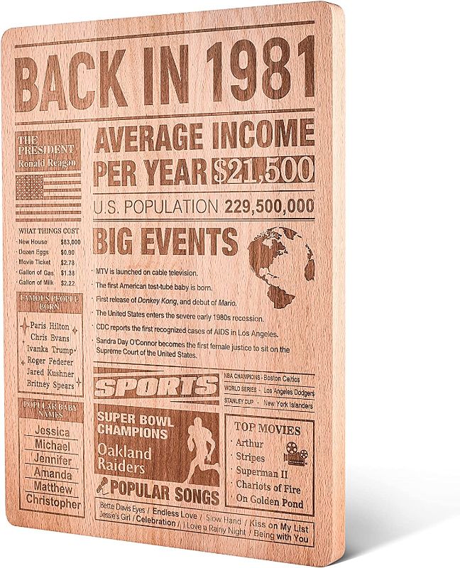 Photo 1 of 41th Birthday Gift – Large Wooden Chopping Board with Laser-Engraved “Back in 1981 Newspaper Poster,” 11.6” x 15.5" x 0.8", 41th Birthday Party Decorations Supplies
