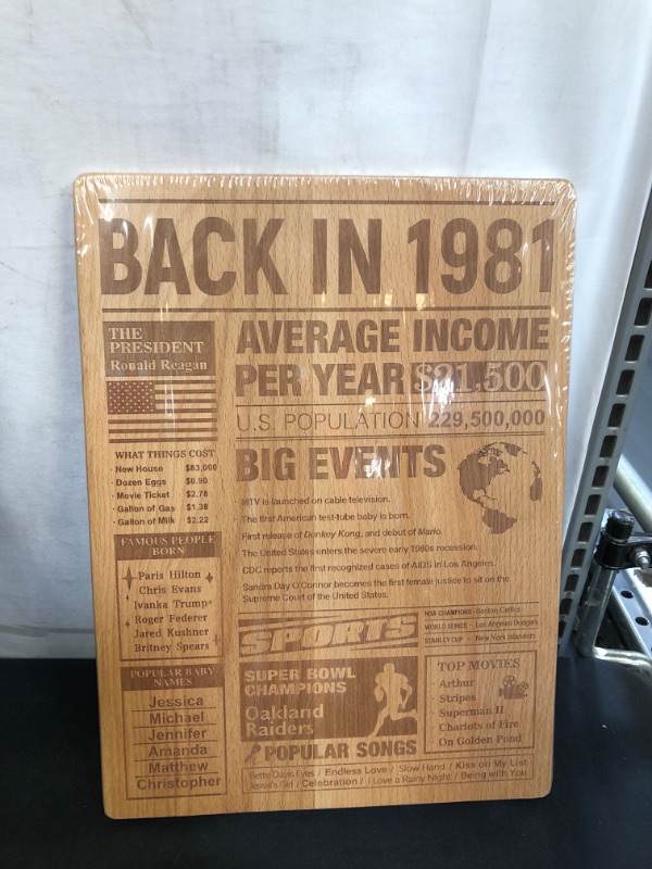 Photo 2 of 41th Birthday Gift – Large Wooden Chopping Board with Laser-Engraved “Back in 1981 Newspaper Poster,” 11.6” x 15.5" x 0.8", 41th Birthday Party Decorations Supplies
