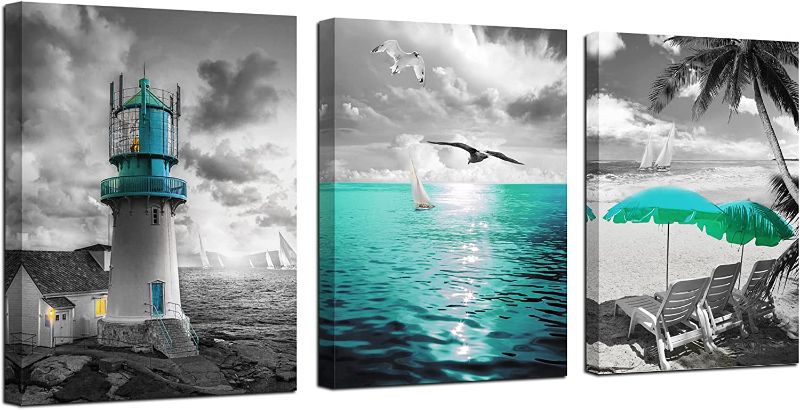 Photo 1 of Canvas Wall Art Teal Ocean Lighthouse Painting Palm Tree Seascape Pictures Prints Coastal Beach Tropical Modern Blue Artwork for Bedroom Living Room Bathroom Home Decor -12"x16"x3 Panels
