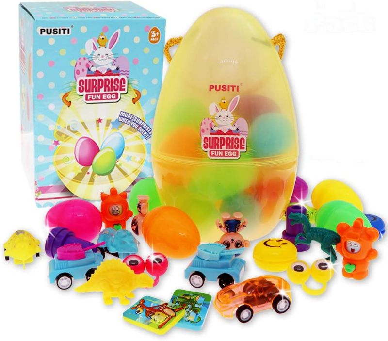 Photo 1 of PUSITI Surprise Easter Eggs with Toys Inside 20 Toys Filled 2.3 Inch Little Eggs in 7.6 Inch Big Egg Toys for Kids Birthday Chrismas Gift for Boys and Girls Party Favors Toys for Children
