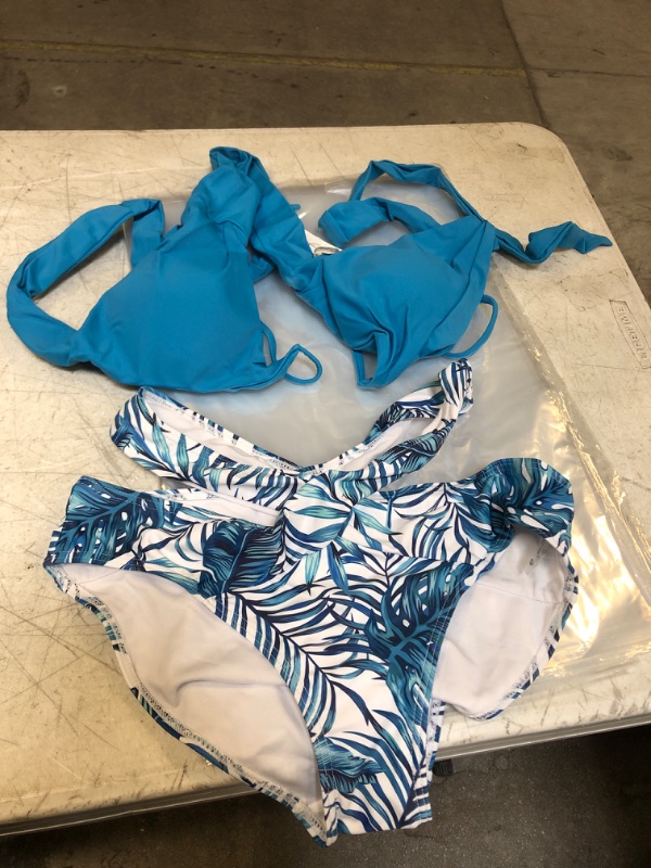 Photo 2 of Holipick Two Piece Bikini Sets for Women High Waisted Bikini Push Up Swimsuit Halter Wrap Criss Cross Bathing Suit Blue Leaves SIZE Medium