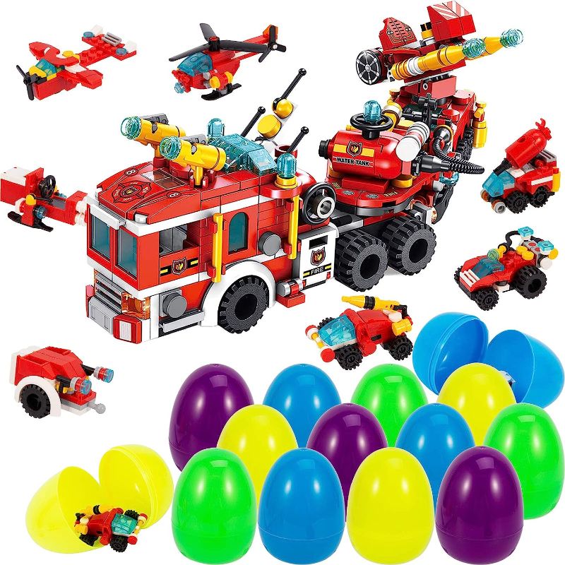 Photo 1 of Acekid 12 Pcs Easter Eggs Filled with Engineering Building Blocks, Easter Egg Prefilled with 25-in-1 Fire Trucks for Kids ?Easter Egg Hunt, Basket Stuffers Filler and Classroom Prize Supplies