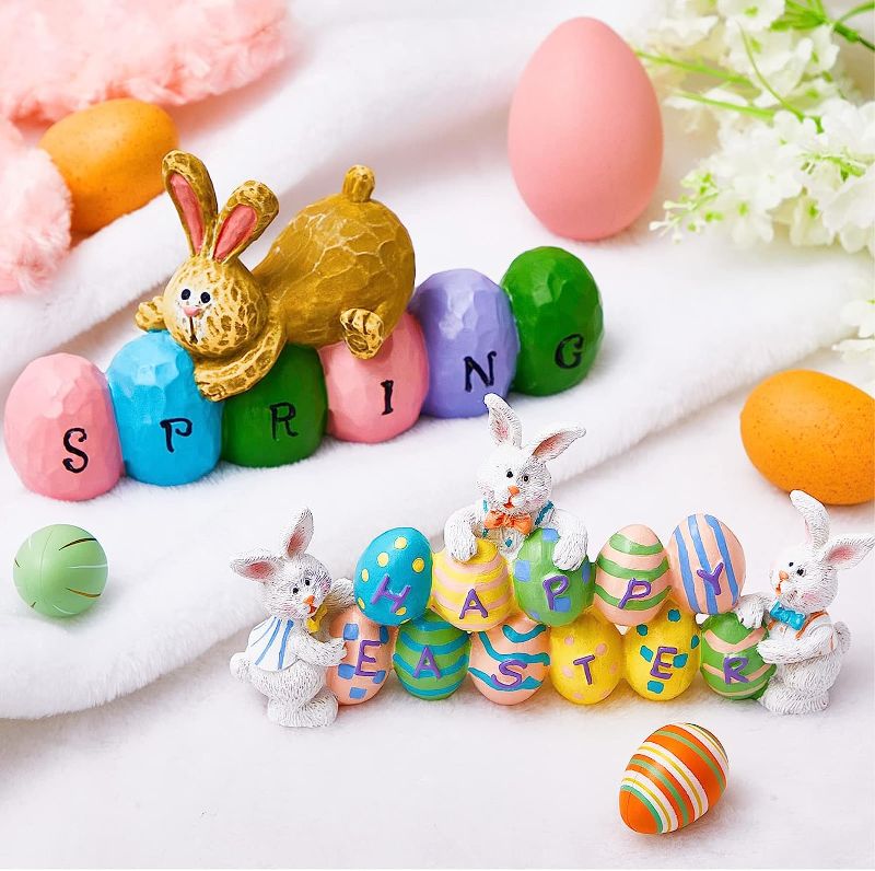 Photo 1 of 2 Pcs Easter Decorations Happy Easter Resin Bunnies Egg Tabletopper Ornaments Spring Bunny Eggs Tabletop Decorations Hand Painted Easter Farmhouse Rabbit Figurines with Eggs for Home Decor Holiday