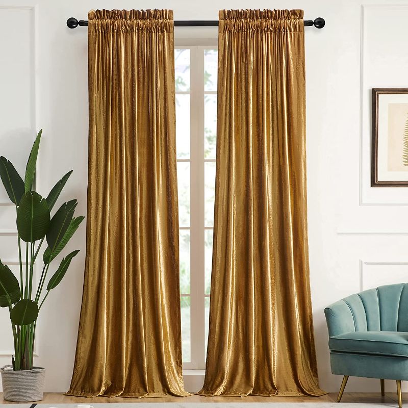 Photo 1 of Gold Curtains 84 inch for Living Room Velvet Blackout Rod Pocket Window Drapes Treatment Semi Room Darkening Decor Golden Curtains for Bedroom Set of 2 Panels…