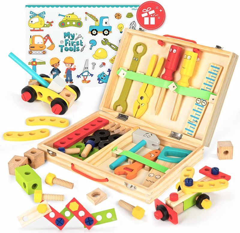 Photo 1 of Wooden Kids Tool Set – Rundad 36 PCS Tool Kit Box with Stickers of My First Tools, Montessori Toys for 2 3 4 Year Old Boy, Tool Construction Set for Toddler Ages 3-5