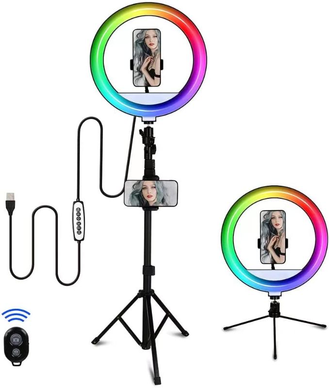 Photo 1 of 10 in RGB Selfie Ring Light with Tripod Stand & Phone Holders-LED Ring Light Color Changing with Desktop Tripod and Remote