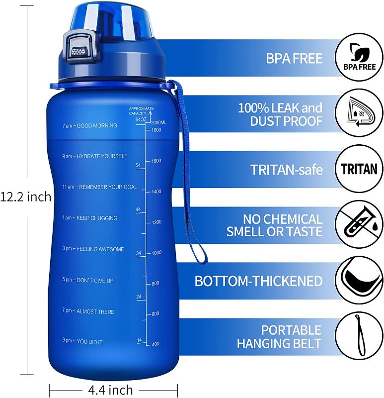 Photo 1 of ABYON Water Bottle with Removable Straw - Half Gallon / 64Oz Container with Hydration Measurements - Leak & Dust-Proof, Thick Bottom - Non-BPA, Tritan Plastic, Paracord Handle