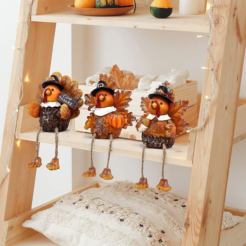 Photo 1 of ALLADINBOX Thanksgiving Turkey Tabletop Centerpieces 3 Pcs Resin Pilgrim Turkey Figurines Thanksgiving Decorative Shelf Sitters with Dangling Legs, Harvest Fall Decor Home Kitchen Autumn Displays