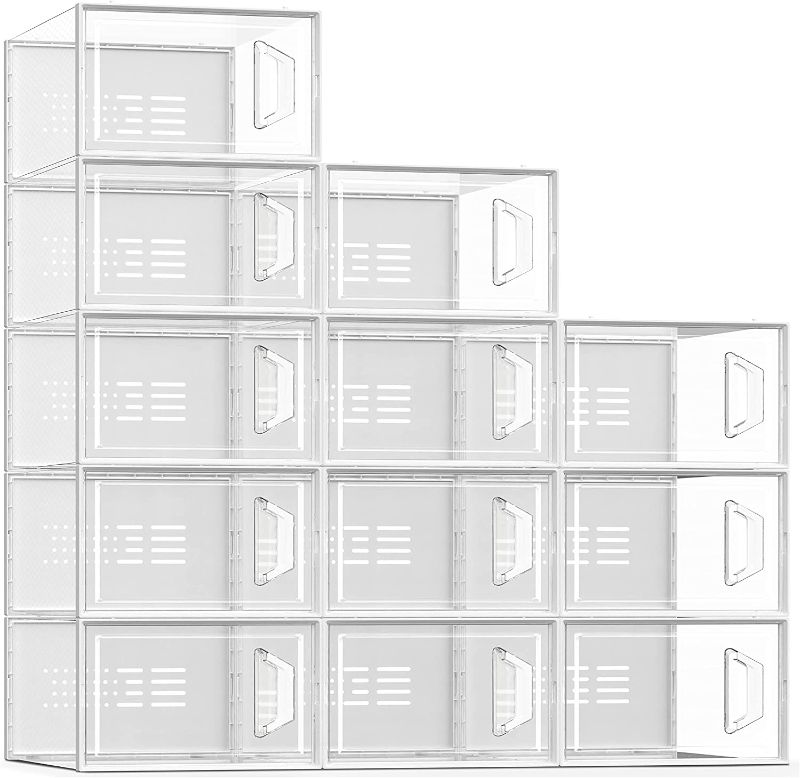 Photo 1 of SEE SPRING Large 12 Pack Shoe Storage Box, Shoe Organizer for Closet, Clear Plastic Stackable Shoe Boxes, Space Saving Foldable Sneaker Shoe Rack Containers...
