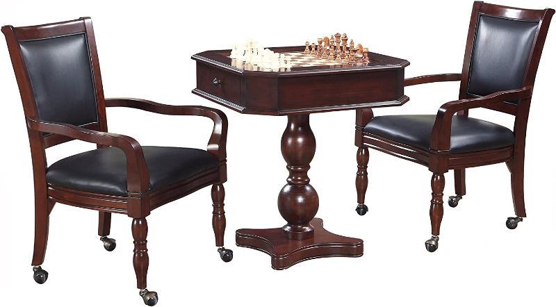 Photo 1 of 2 Box Set - Hathaway Fortress Chess, Checkers & Backgammon Pedestal Game Table & Chairs Set - Mahogany --- Box Packaging Damaged, Item is New

