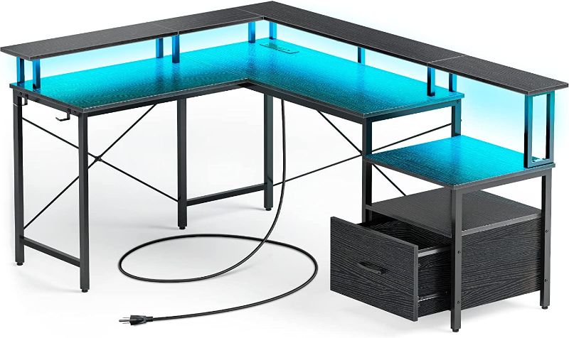 Photo 1 of Rolanstar Computer Desk with Power Outlet & LED Strip and File Drawer, 68" Reversible L Shaped Computer Corner Desk with Printer Cabinet and Monitor Shelf, Modern Home Office Desk, Writing Desk,Black --- Box Packaging Damaged, Item is New

