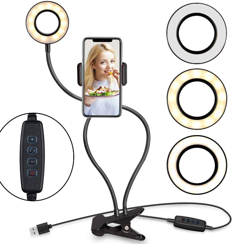 Photo 1 of FEBHBRQ Teleworking Light with Gooseneck Stand & Phone Holder, 3 Color 10-Level Dimmable LED Desk Lamp with Clamp, Clip-on Ring Lights with Flexible Arm for Selfie, Web Conference, Streaming -Black
