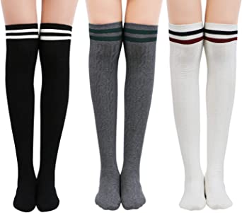 Photo 1 of Chalier Womens Thigh High Socks Cotton Striped Over the Knee Socks Long Knee High Socks for Women
