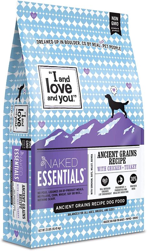 Photo 1 of "I and love and you" Naked Essentials Dry Dog Food - Ancient Grains Kibble, Chicken + Turkey, 23-Pound Bag, Model:F08140
SMALL TEAR ON FRONT OF BAG. SEE PICTURES PLEASE.
BEST BY 05-20-2022