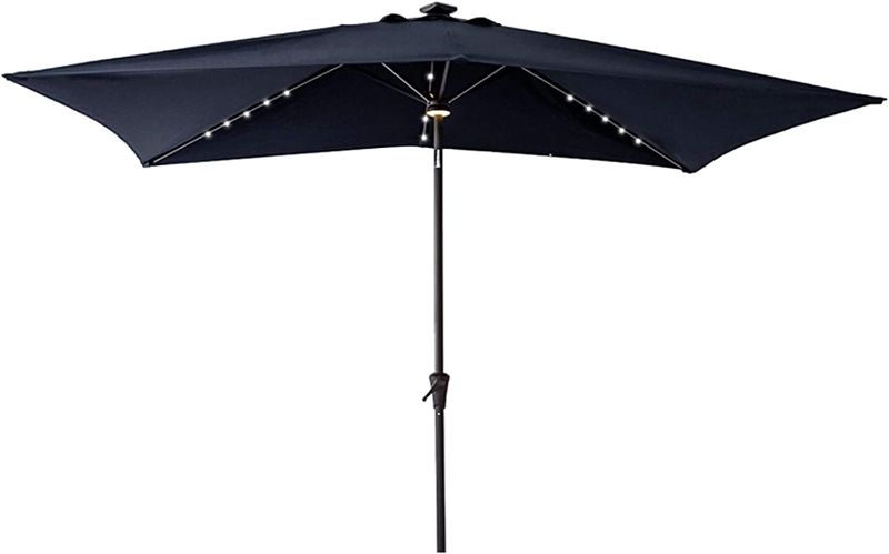 Photo 1 of C-Hopetree 6.5 x 10 ft Rectangular Outdoor Patio Market Table Umbrella with Solar LED Lights, Navy Blue
