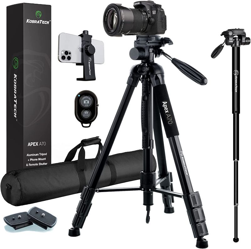 Photo 1 of KobraTech USA 70 Inch Tripod for Camera and Phone | Apex A70 Camera Tripod with Remote and Monopod | Aluminum Camera Tripod for Nikon, Canon, iPhone | Includes Phone Tripod Mount
