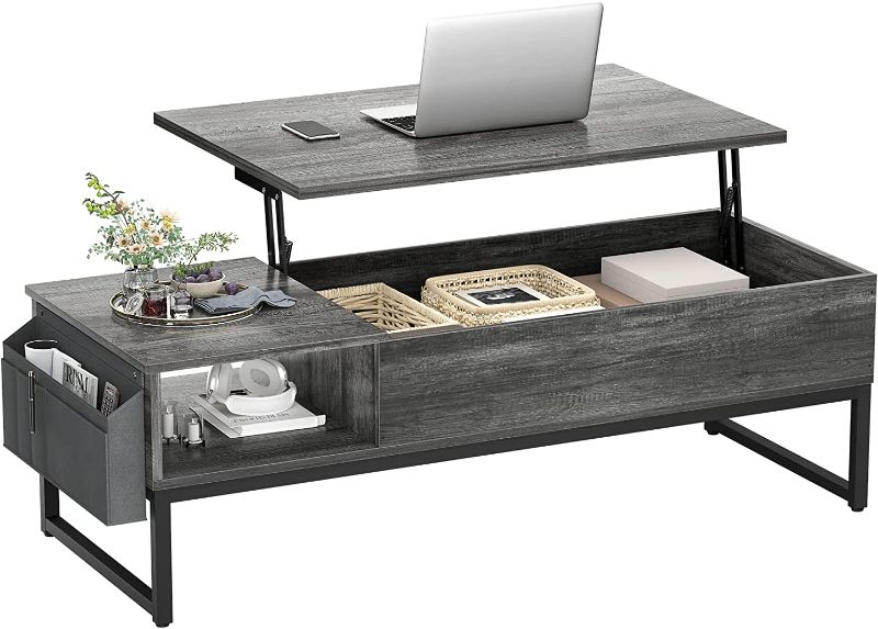 Photo 1 of Aheaplus Lift Top Coffee Table with Storage, Wood Lifting Top Central Table Metal Frame, 43.3" Lift Tabletop Tea Table with Side Pouch, Cocktail Table Modern Pop up Adjustable Table for Living Room
