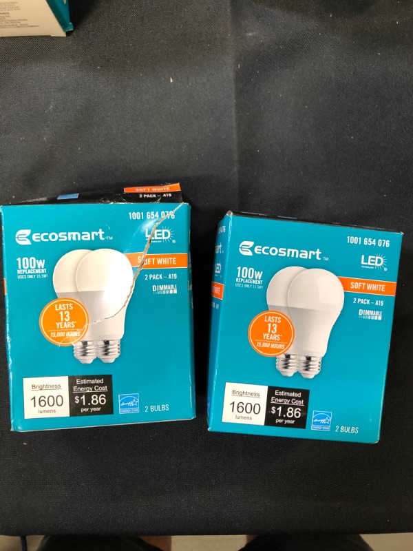 Photo 1 of EcoSmart 100-Watt Equivalent A19 Dimmable Energy Star LED Light Bulb Soft White (2-Pack)
bundle of 2