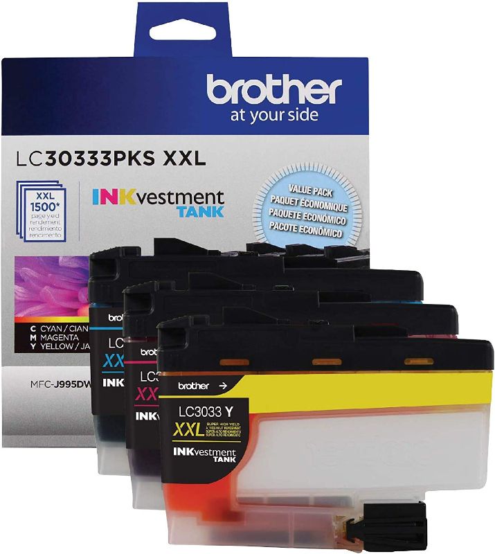 Photo 1 of Brother Genuine LC30333PKS 3-Pack, Super High-yield Color INKvestment Tank Ink Cartridges; Includes 1 Cartridge each of Cyan, Magenta & Yellow, Page Yield Up to 1,500 Pages/Cartridge, LC3033
