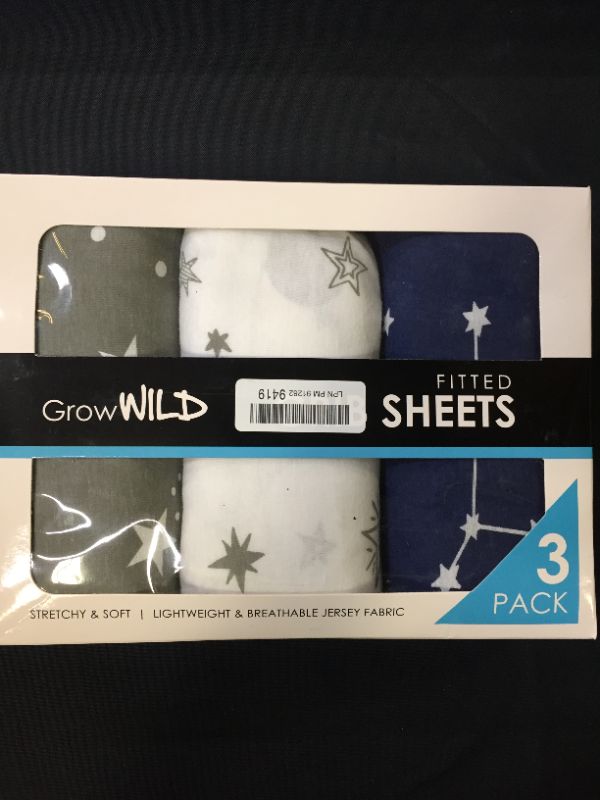 Photo 2 of GROW WILD Crib Sheets for Boys or Girls | 3 Pack Soft Stretchy Jersey Cotton Fitted Crib Sheet Neutral | Grey White Navy Blue Baby Crib Sheets for Girl, Crib Mattress Sheet or Toddler Bed Sheets
