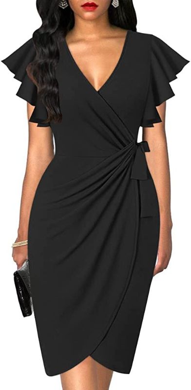 Photo 1 of oten Womens Deep V Neck Ruffle Sleeve Sheath Casual Cocktail Party Work Faux Wrap Dress
Size: M