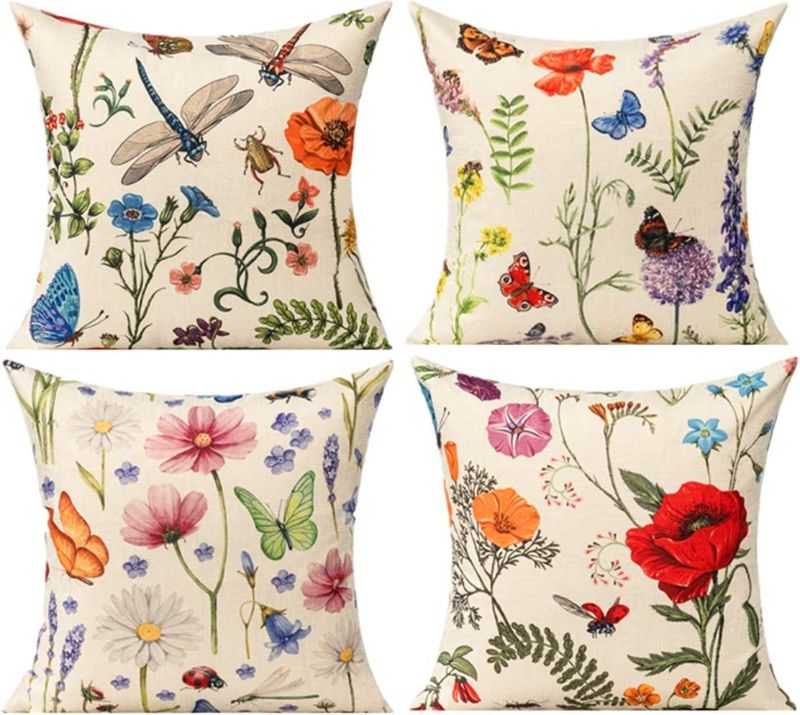 Photo 1 of All Smiles Outdoor Patio Throw Pillow Covers Summer Spring Garden Flowers Farmhouse Décor Outside Furniture Swing Seat Bench Chair Decorative Cushion Cases 18x18 Set of 4 for Deep Seat Bed Couch Sofa
