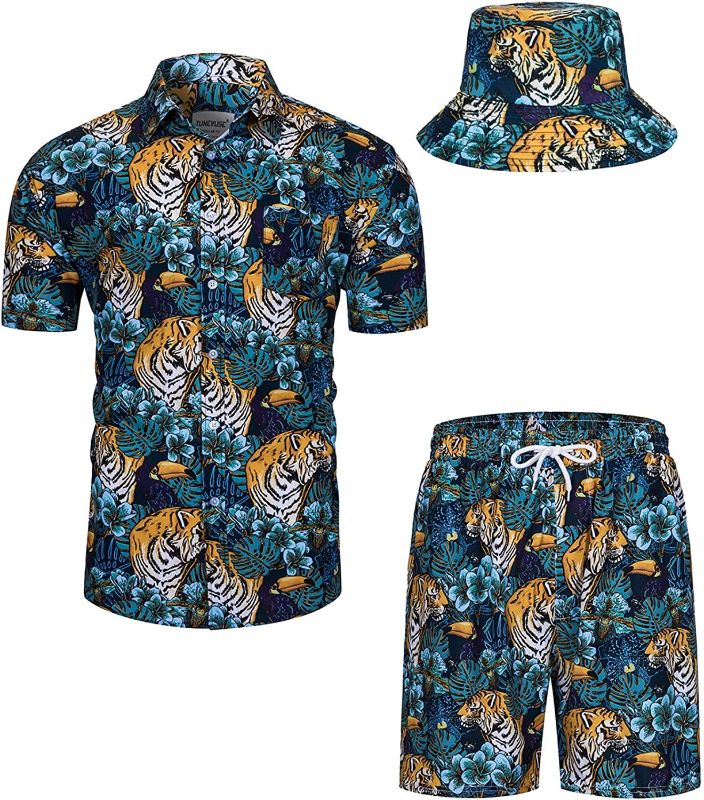 Photo 1 of TUNEVUSE Mens Hawaiian Shirts and Shorts Set 2 Pieces Tropical Outfit Flower Print Button Down Beach Suit with Bucket Hats
Size: XL