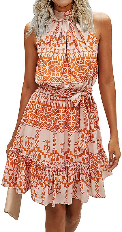 Photo 1 of BTFBM Women Floral Dresses Casual Summer Sleeveless Halter Neck Ruffle Belt Boho Polka Dot Leopard Print Sun Short Dress
Size: S