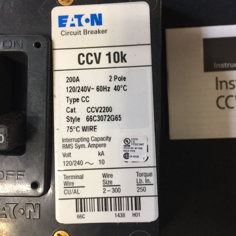 Photo 5 of Eaton CCV2200 Bolt-On Mount Type CCV Tenant Main Circuit Breaker 2-Pole 200 Amp 120/240 Volt, Color
